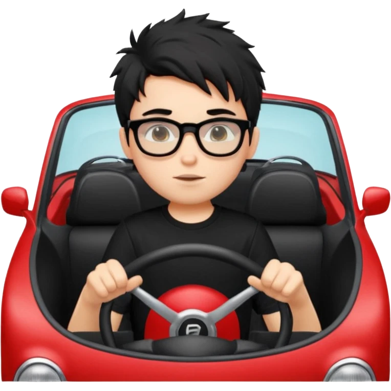 generate a pretty bratz fair skinned boy with black messy hair wearing a black tshirt driving a red car. Glasses on.  emoji
