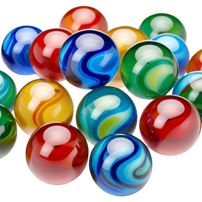 "A close-up view of colorful glass marbles with intricate swirling patterns inside. The marbles are scattered on a smooth surface, reflecting light beautifully. Some are transparent, while others have vibrant colors like blue, green, and red. The scene has a soft, natural lighting that enhances the glossy texture of the marbles emoji