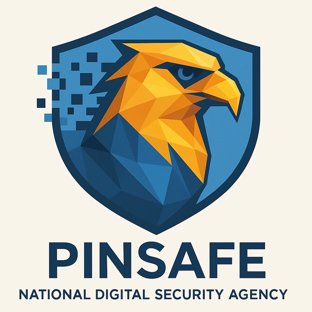 Remaster the abstract eagle head logo for Pinsafe, a national digital security agency. Enhance the digital pixel and data stream effects, refine the shield outline for a more modern and sleek look, and make the overall design more professional and authoritative while keeping the core polygonal style and color palette. emoji