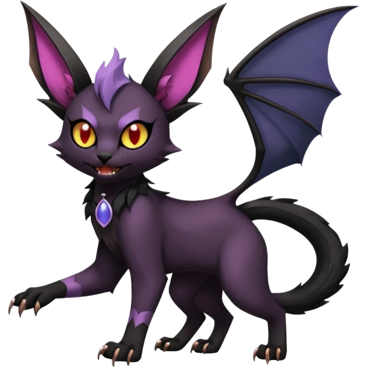 Black edgy Noivern-Noibat-Purloin-Torracat-Lykoi-Caracal-cat-Fakemon-fusion-hybrid-creature with bat wings on head as ears, big fangs, gothic markings emoji