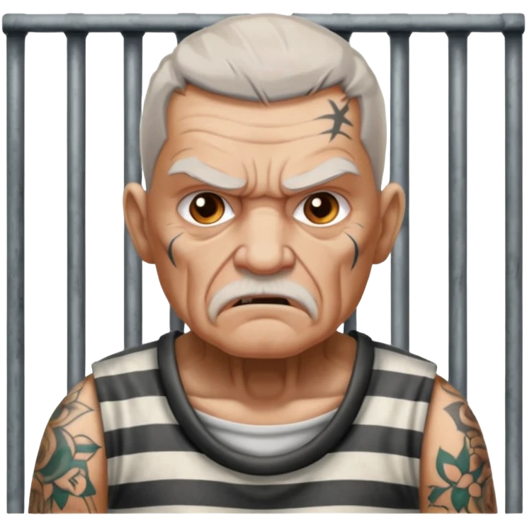 angry tattooed old male prisoner with prison cell bg emoji
