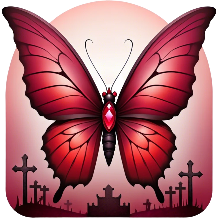 A breathtaking Gothic butterfly with wings adorned in a mesmerizing gradient of ruby, scarlet, burgundy, Venetian, and rustic red takes flight in the foreground. Behind it, dark and weathered crosses stand shrouded in crimson mist, creating a haunting yet beautiful contrast. emoji