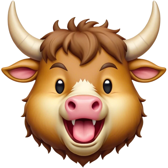 Cinematic Cute Yawning Domestic Ox Portrait Emoji, Head tilted slightly with a dramatic, wide-open yawn, showcasing a soft, textured hide with drooping horns and half-closed, drowsy eyes, Simplified yet irresistibly adorable features, highly detailed, glowing with a soft, cozy natural glow, high shine, relaxed yet expressive, stylized with a dash of pastoral whimsy, soft glowing outline, capturing the essence of a sleepy yet affectionate ox that seems ready to stretch out for a nap! emoji
