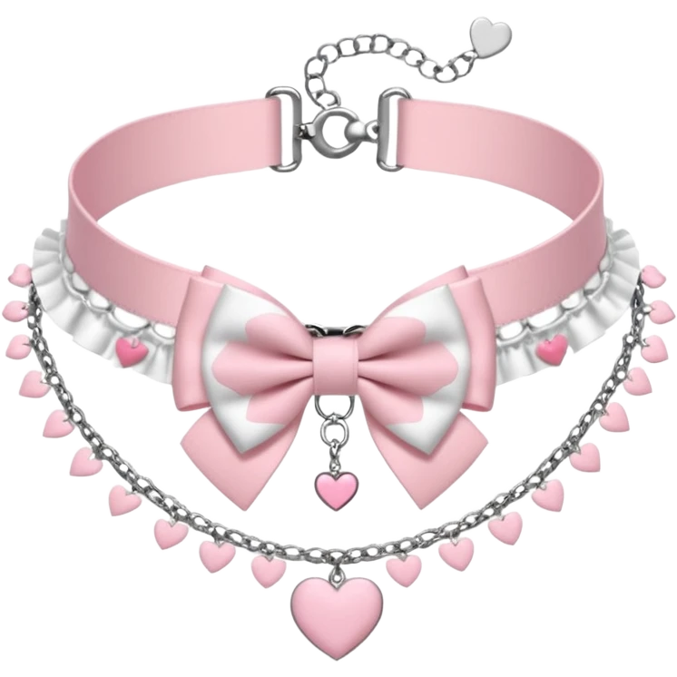 Pastel-baby-rose-pink Lolita-styled aesthetic cute kawaii choker-collar-necklace adorned with with white frills, roses, hearts, bow tie, silver chains, sakura, apparel separated  emoji