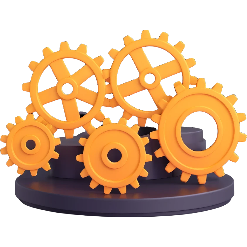 3D style icon of computer settings, showing a desktop computer with two large cogs in front, realistic lighting and shadows emoji