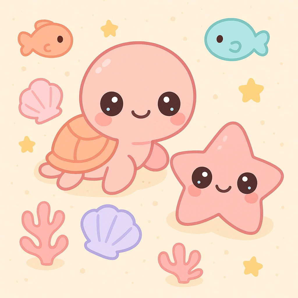 turtle, starfish, and shells together on sandy beach, top-down view, extremely cute underwater cartoon creatures with big round heads, huge sparkling eyes, small smiling mouths, and pink shiny skin, rosy cheeks, soft pastel colors, plastic toy-like texture, chibi style, surrounded by colorful fish and coral, gentle lighting, 3D-rendered, high detail, kawaii aesthetic emoji