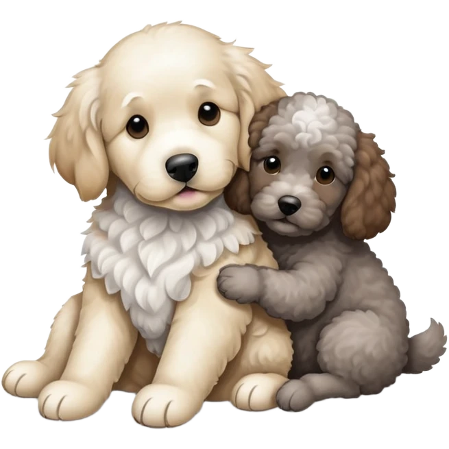 White Golden retriever hugging a grey, brown and white poodle emoji