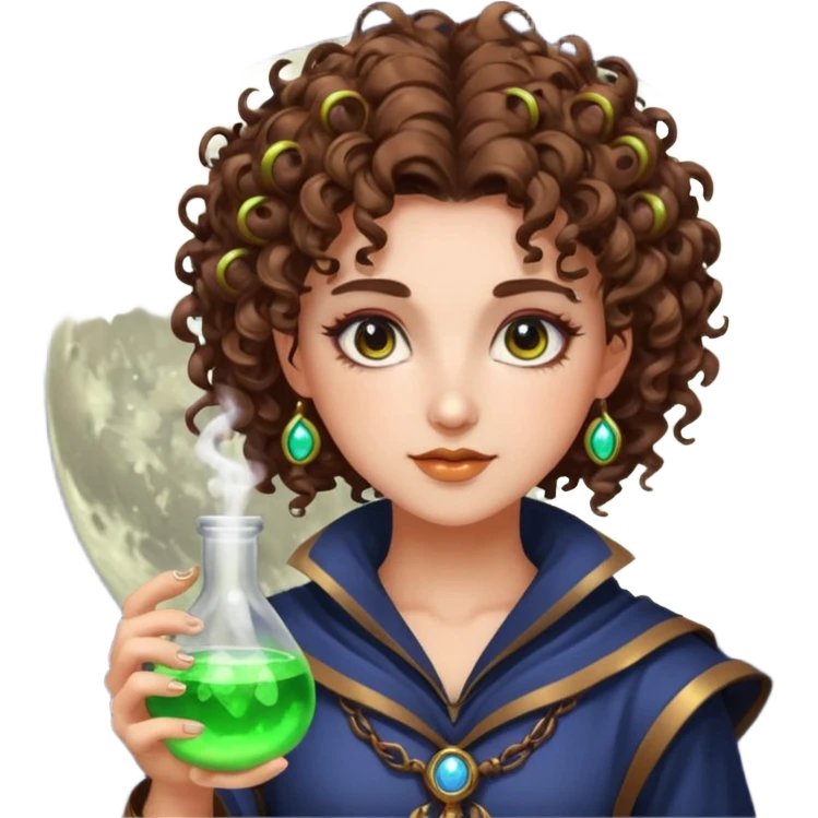 moon punk druid woman short tight curly brown hair glowing potion emoji