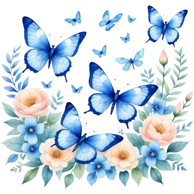"A delicate watercolor painting of blue butterflies and dragonflies fluttering among soft floral patterns."
 emoji