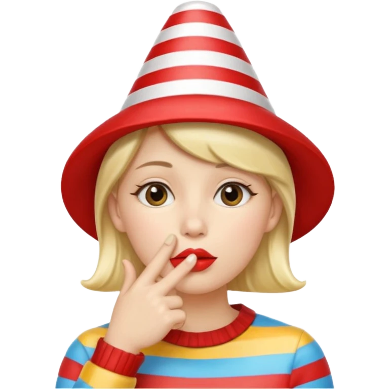 shushing face with finger to lips, wearing a striped party hat, festive vibe emoji
