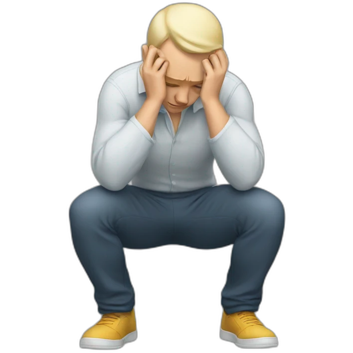 A white man squats holding his head emoji