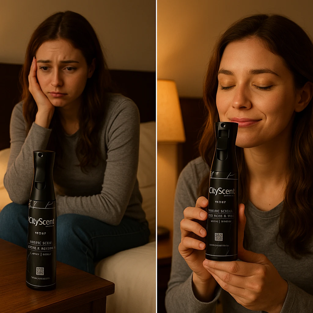 Add the CityScent fabric scent fragrance oil product clearly visible on a table inside the bedroom next to the girl. The scene is realistic, showing a girl in a bedroom looking sad, then smelling the scent with her mood changing to relaxed. Focus on making the product distinct and the mood transition evident. emoji