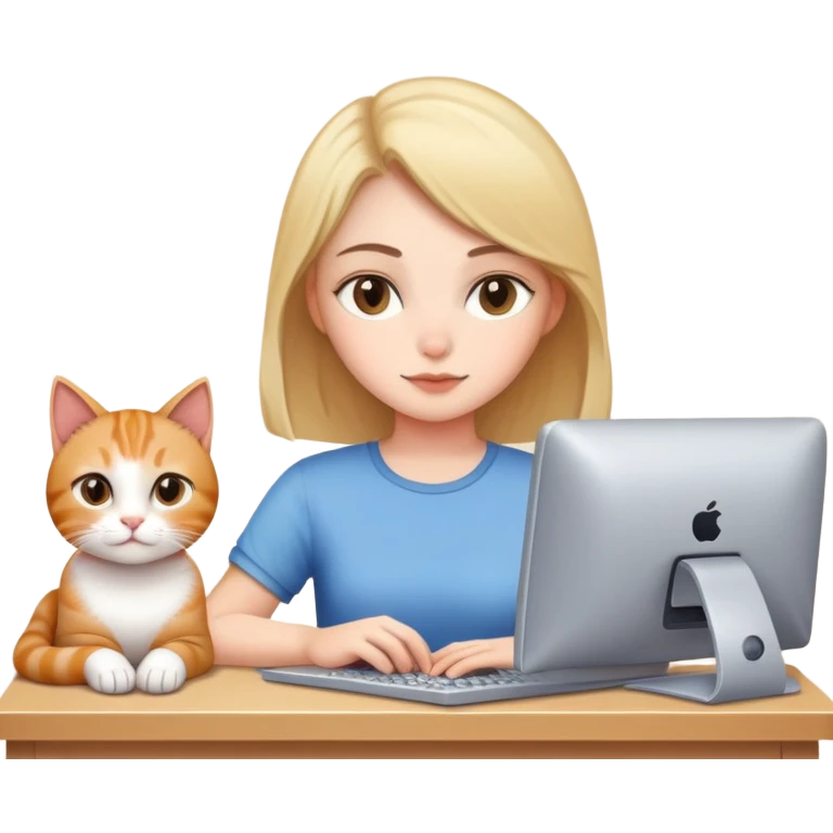 A girl is working in front of a computer, and a cat is lying next to the computer emoji