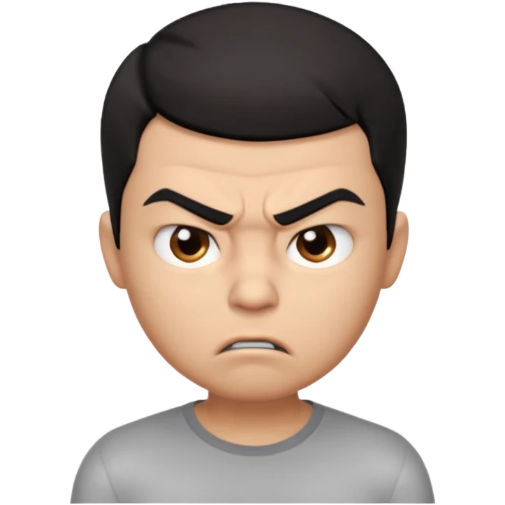 Create a 3D cartoon-style boy character with light brown skin, short straight black hair swept to one side covering part of his forehead, and an angry or annoyed expression. Sharp eyebrows, narrowed eyes, and lips pressed in irritation. emoji