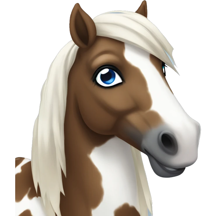 Brown and white spotted pony with black hair and blue eye emoji