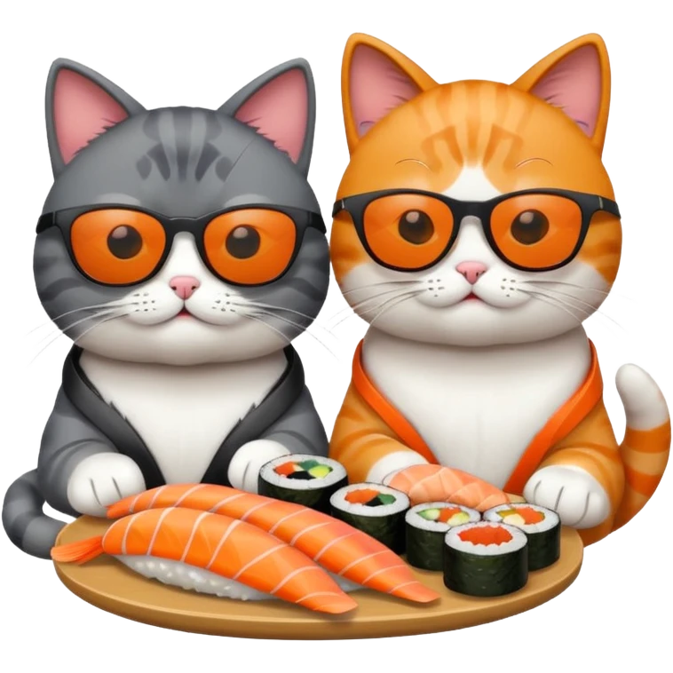 two cats wearing sunglasses eating sushi emoji