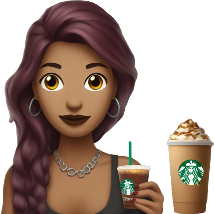 Beautiful tattooed  burgundy long haired woman holding a Starbucks drink emoji