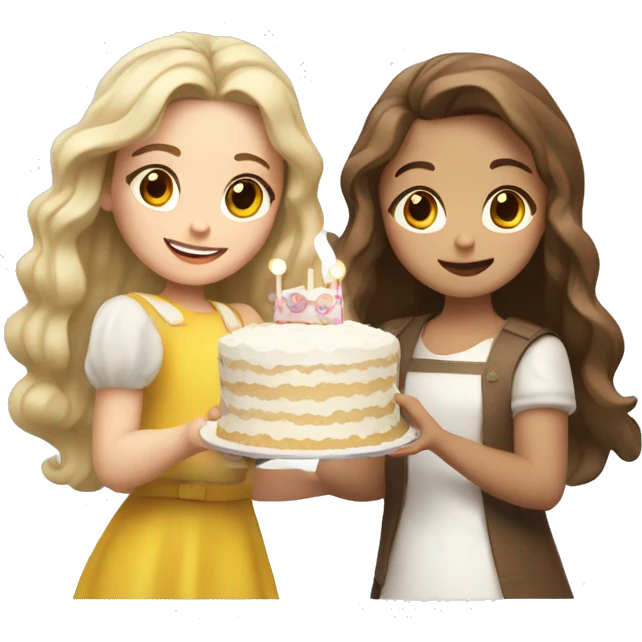 girl with blond wavy hair and Russian girl with brown straight hair together holding big white cake emoji
