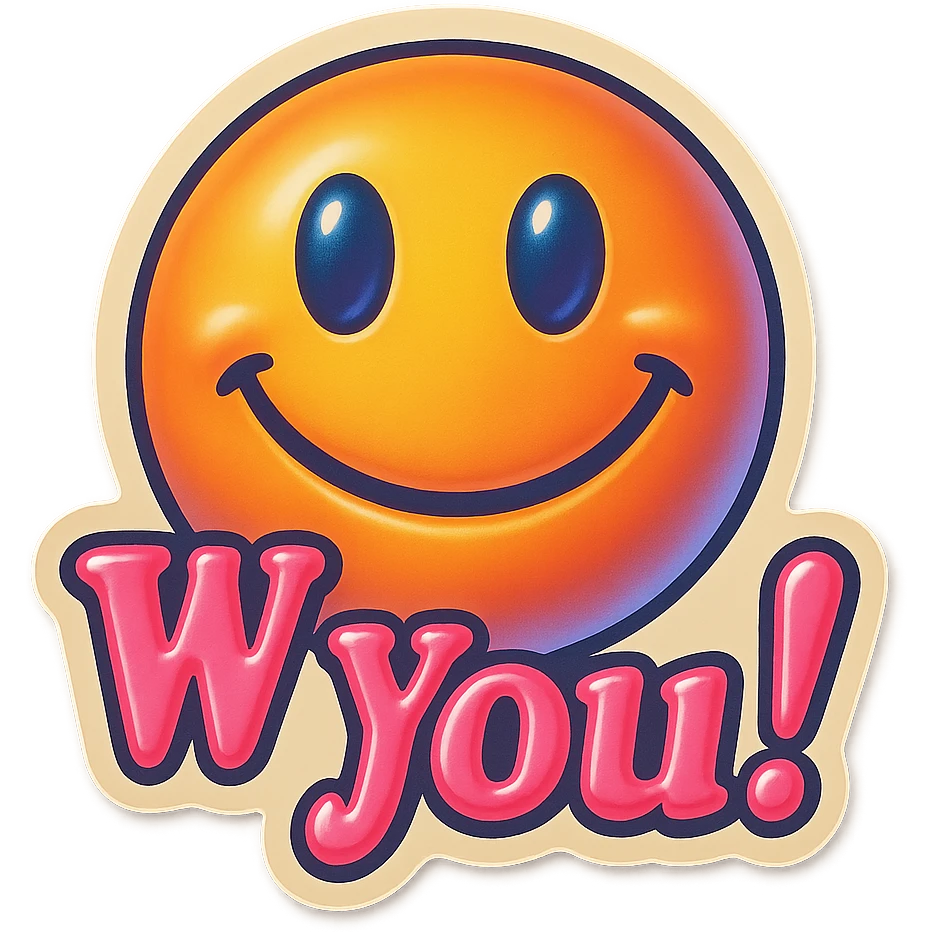 excited smile with mouth closed add the words W You! in pink emoji