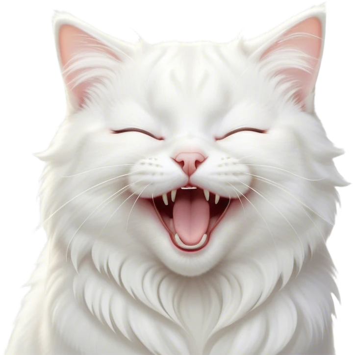 Cinematic Cute Yawning White Cat Portrait Emoji, Head gently tilted with an endearing, wide-open yawn and softly closed eyes, showcasing a pristine white fur with delicate hints of silver, simplified yet irresistibly adorable, highly detailed, glowing with a tender, cozy radiance, high shine, exuding sleepy charm and gentle affection, styled with a soft glowing outline, capturing the essence of a white cat caught mid-yawn, radiating pure, adorable lethargy! emoji