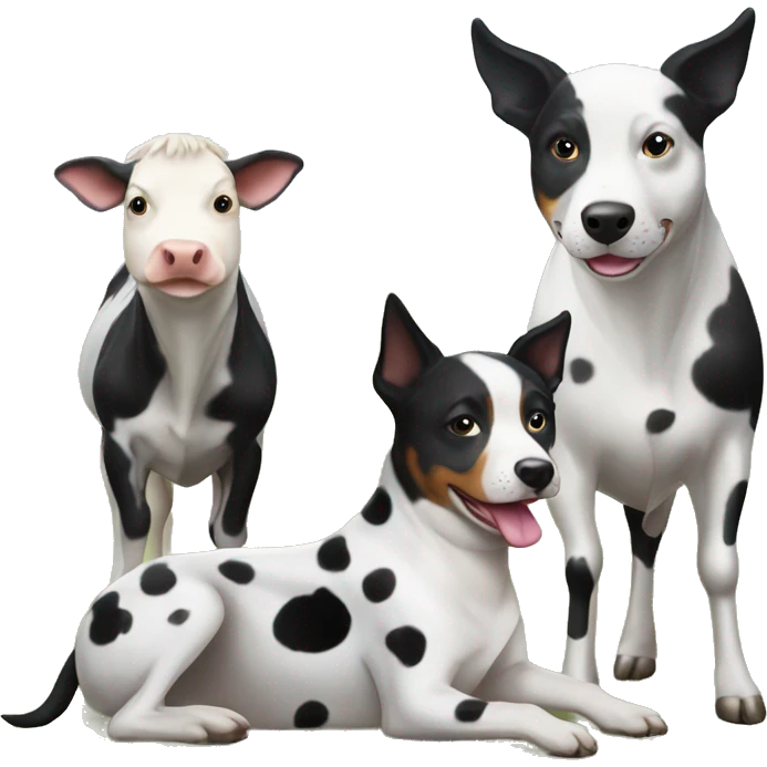 Black and white spotted Australian cattle dog with cows emoji