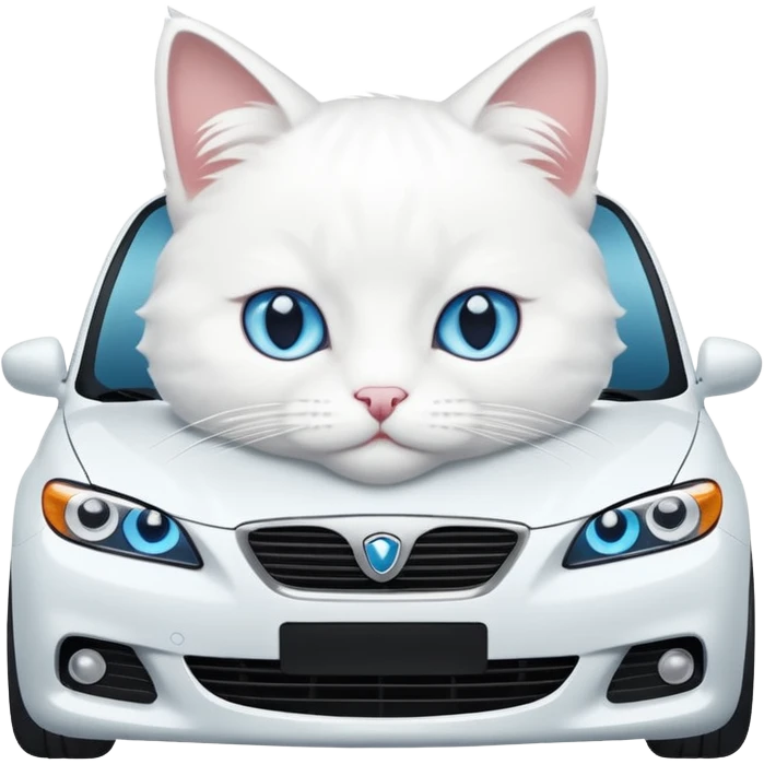 Please create a small emoji the size of 🚗 featuring a pure white cat with blue eyes on a white car. emoji