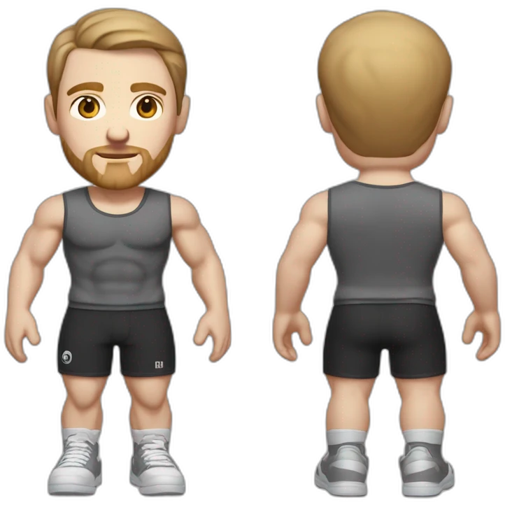Full height Pale skinned muscular man With Realistic eyes and mouth, light brown hair and stubble In dark gray sleeveless mike, black oversize sports shorts, watch and white sneakers. emoji