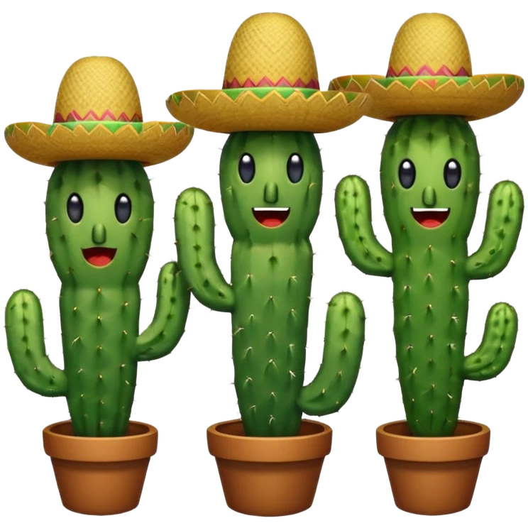 three cartoon cactuses together, each with different facial expression: cheeky, happy, surprised, each wearing traditional Mexican hat, vibrant fun emoji style emoji