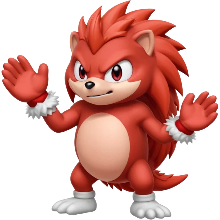Sonic the hedgehogs friend knuckles a red animal with peach arms and white mittens, he’s a echidna with red eyes emoji