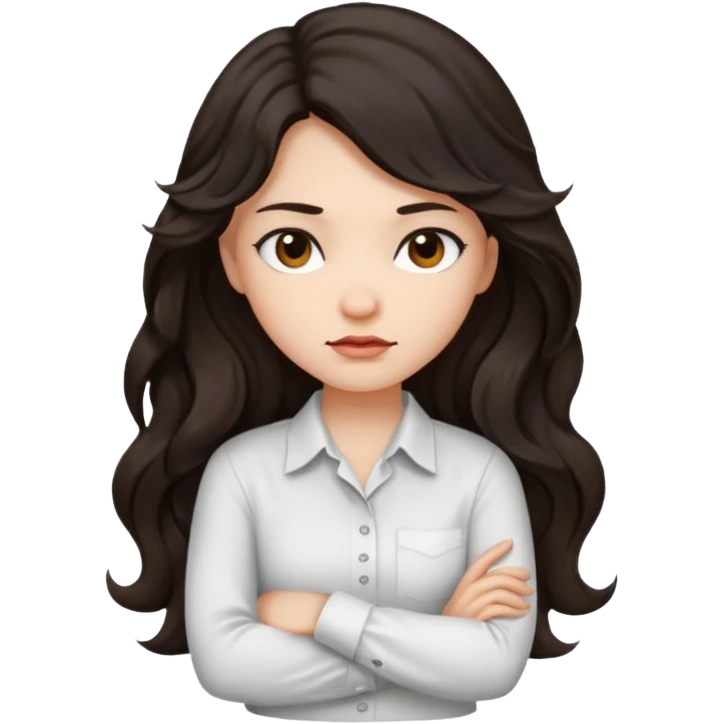girl dark long wavy hair crossing her arms with slight pout emoji