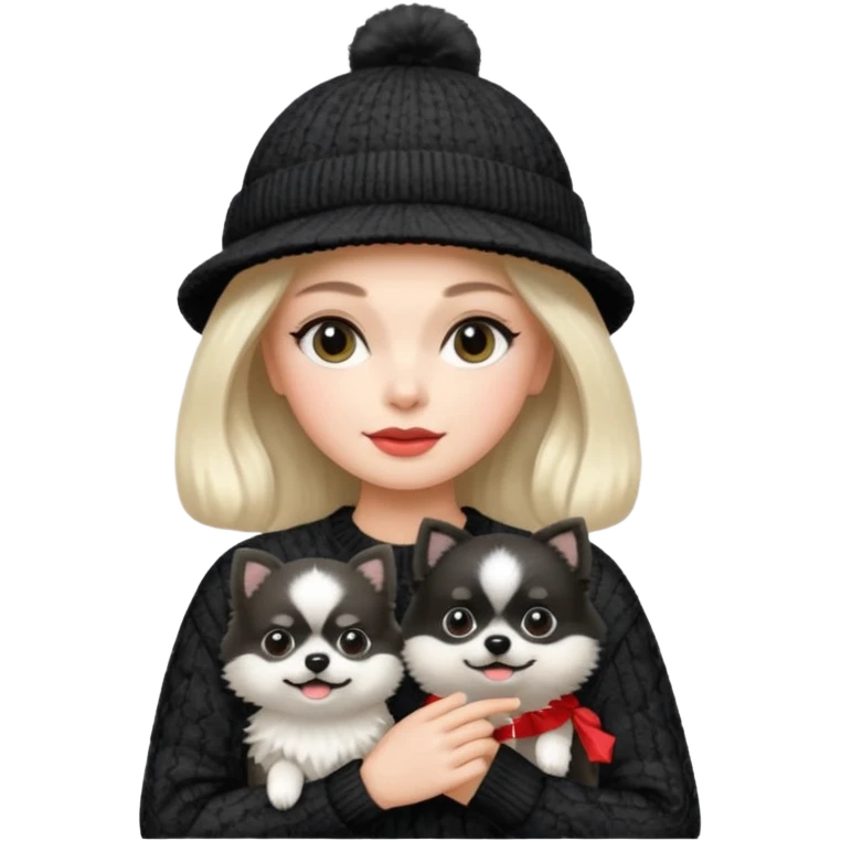 Black and white pomeranian wearing coco chanel Sweater and hat emoji