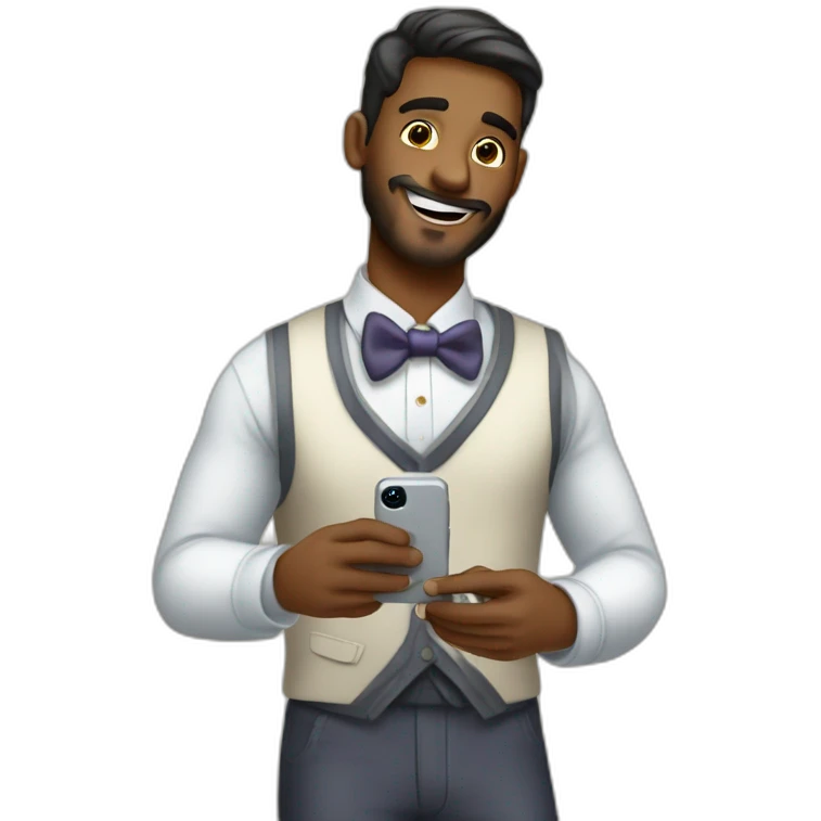 hombre bien vestido feliz teniendo una llamada con un iphone emoji