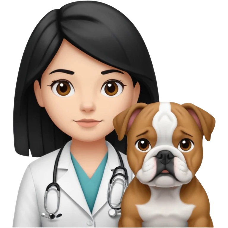 joven médico con el pelo un poco largo pero no tanto y lacio, que tenga un estetoscopio de color de piel tez negra calida !!! que sostiene un bulldog francés blanco y negro  emoji