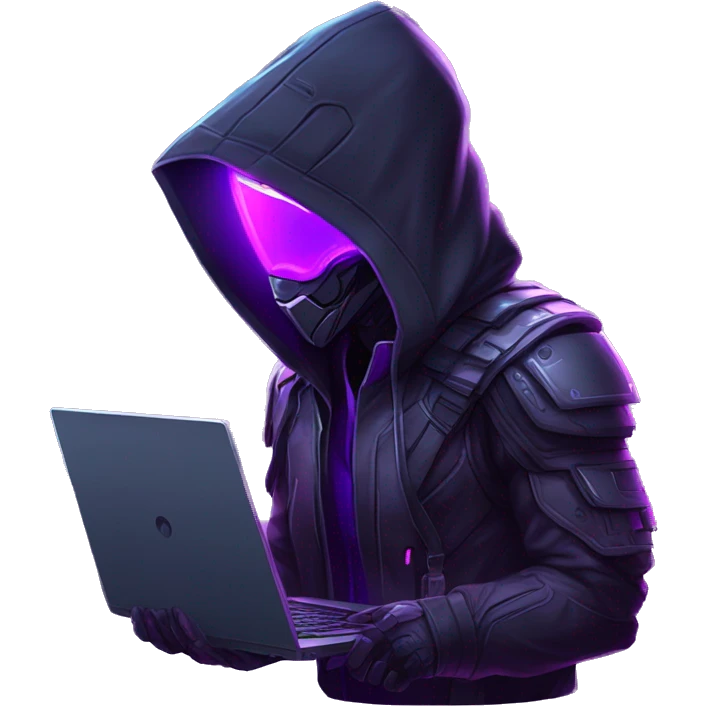 Side view developer behind his laptop with this style : crysis Cyberpunk Valorant neon glowing bright purple character purple violet black hooded assassin themed character emoji
