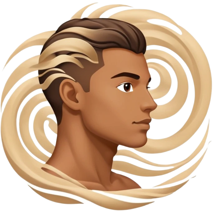 Male profile surrounded by floating fashion elements and energy waves, creative style essence, masculine vibe emoji