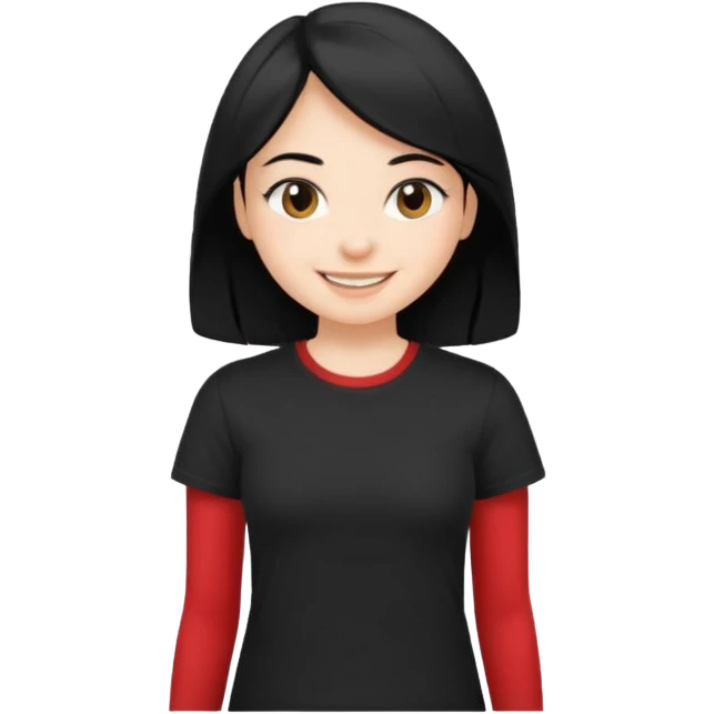 a pretty bratz fair girl with straight black hair, wearing a black tshirt, smiling emoji