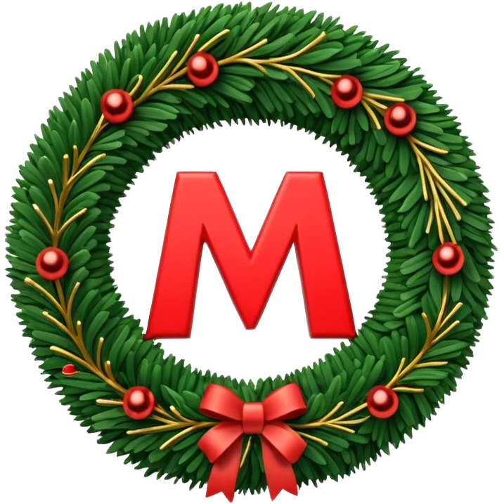 3D emoii of the iconic Moscow Metro "M" logo, reimagined as a Christmas wreath. Made of green pine needles, decorated with small red ornaments and glowing golden LED emoji