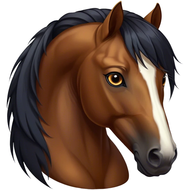 Cinematic Noble Bay Horse Portrait Emoji, Poised and regal, with a strong, athletic build and a rich, well-groomed bay fur accented by a dark mane and tail, deep-set soulful amber eyes, Simplified yet sharp and sophisticated features, highly detailed, glowing with a warm, dignified glow, high shine, intelligent and majestic, stylized with an air of equine elegance, focused and attentive, soft glowing outline, capturing the essence of a watchful and confident steed, so majestic it feels as though it could gallop out of the screen with effortless authority! emoji