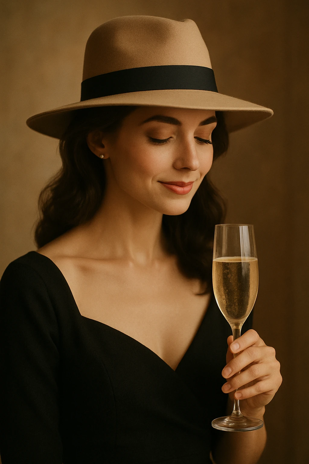 A woman with a hat holding a glass of champagne emoji