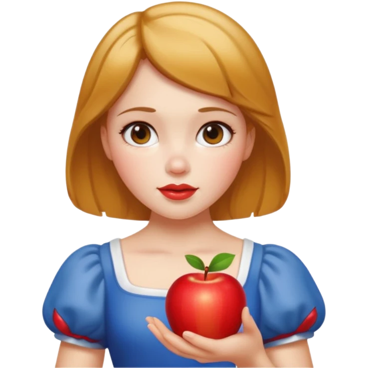 Create an emoji of Snow White holding a red apple, with short golden-brown hair. emoji