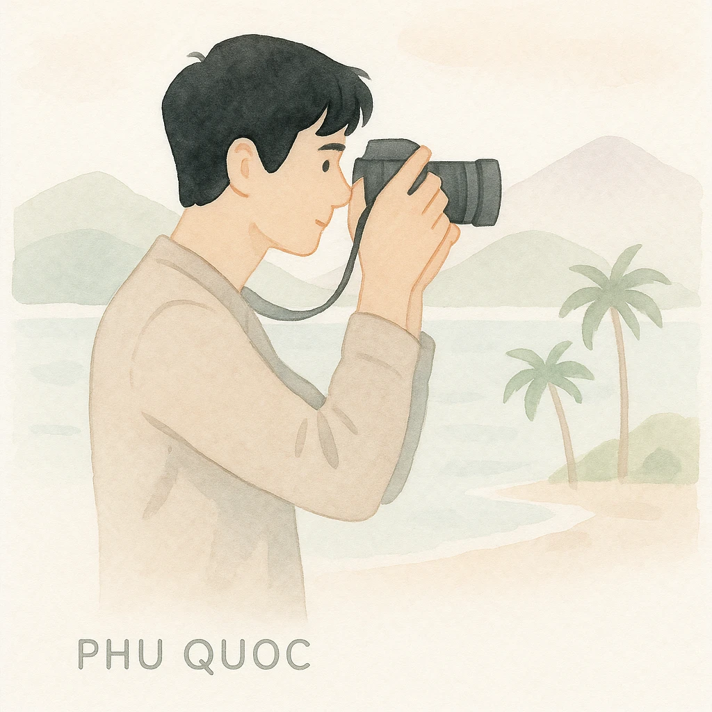 soft watercolor illustration in a minimalist modern style of a black-haired man holding a professional camera taking pictures in a scenic location of Phu Quoc island, pastel colors, delicate linework, gentle whimsical mood, minimal soft shading emoji