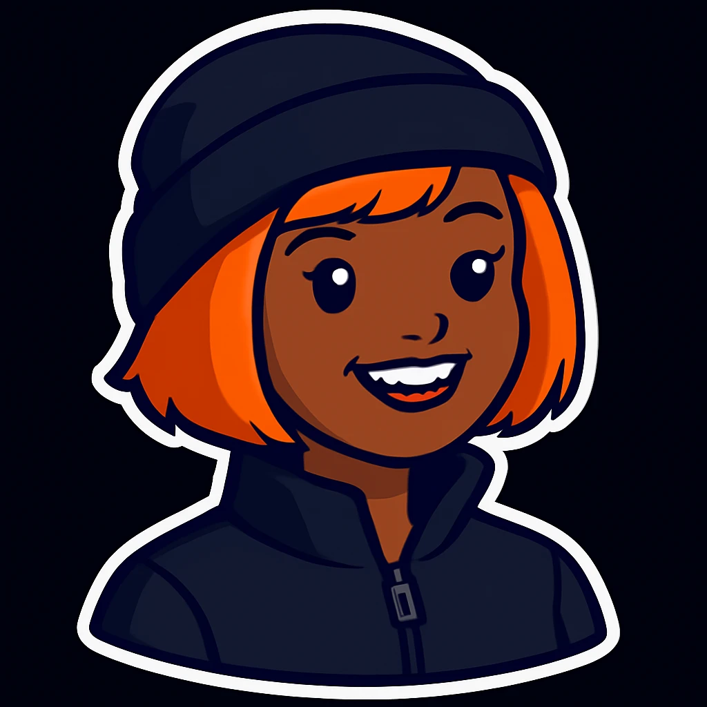 Make the sticker style image have a black beanie on her head and make her wear a black jacket emoji