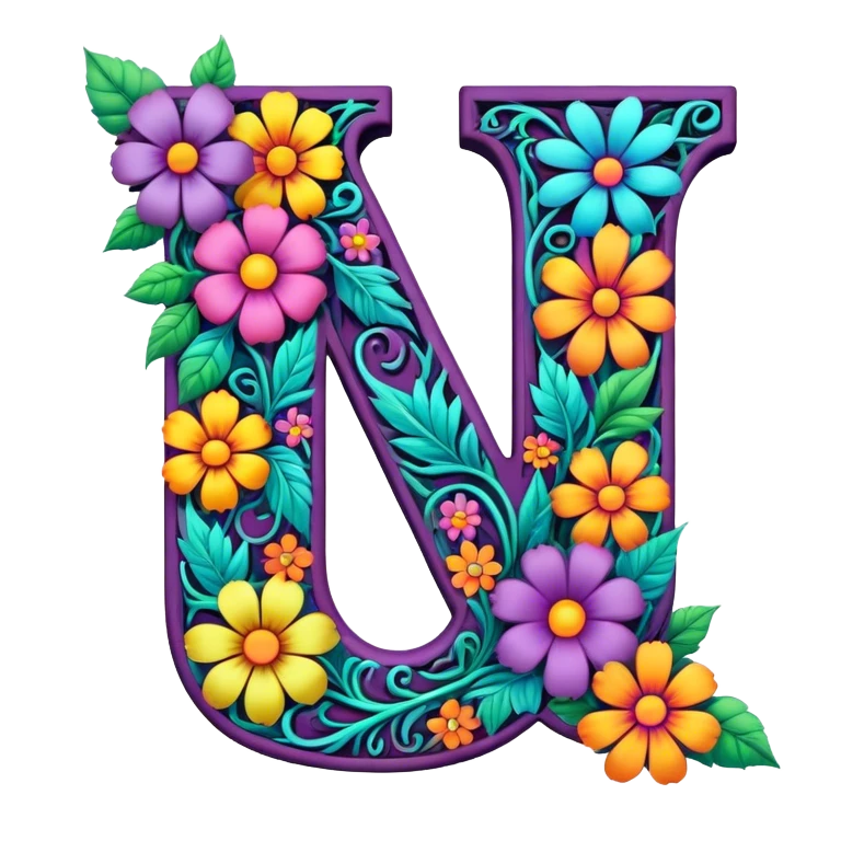 3D, gothic style psychedelic colored Letter U with hippie style flower border emoji