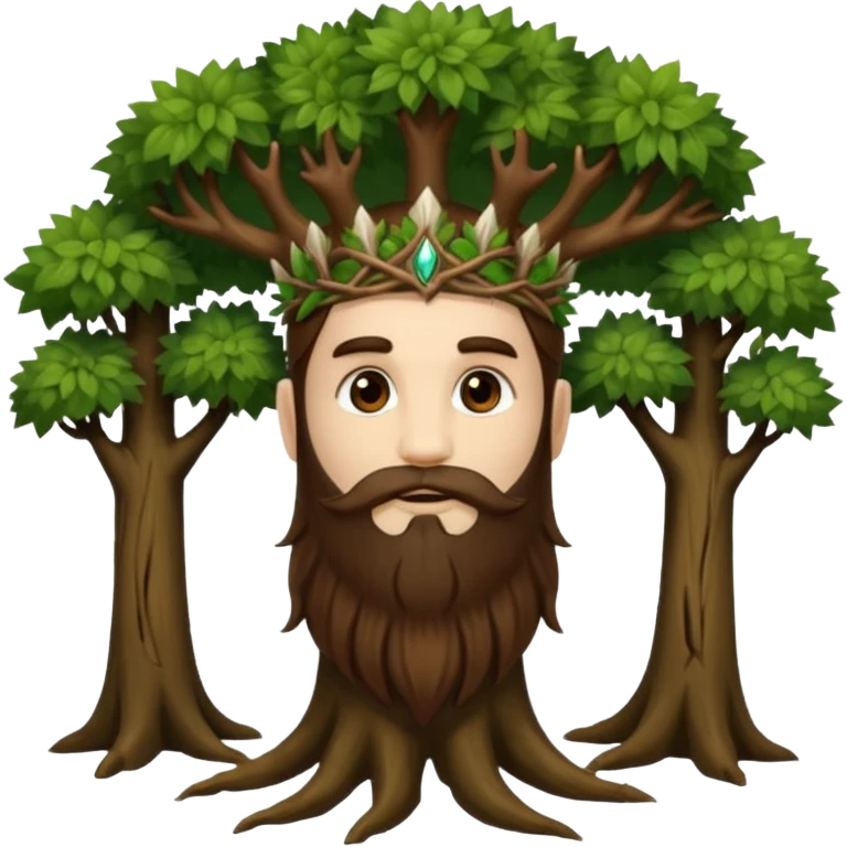full body man long brown hair brown eyes medium beard white skin forest spirit with root crown emoji