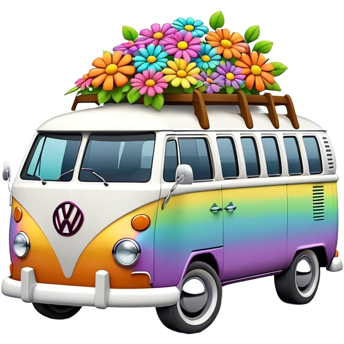 3D, psychedelic colored VW Van with hippie style flowers emoji