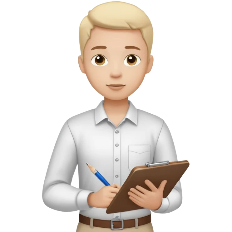 intern or volunteer holding a clipboard and pencil, ready to take notes or assist. The character wears a simple shirt and has an eager posture emoji