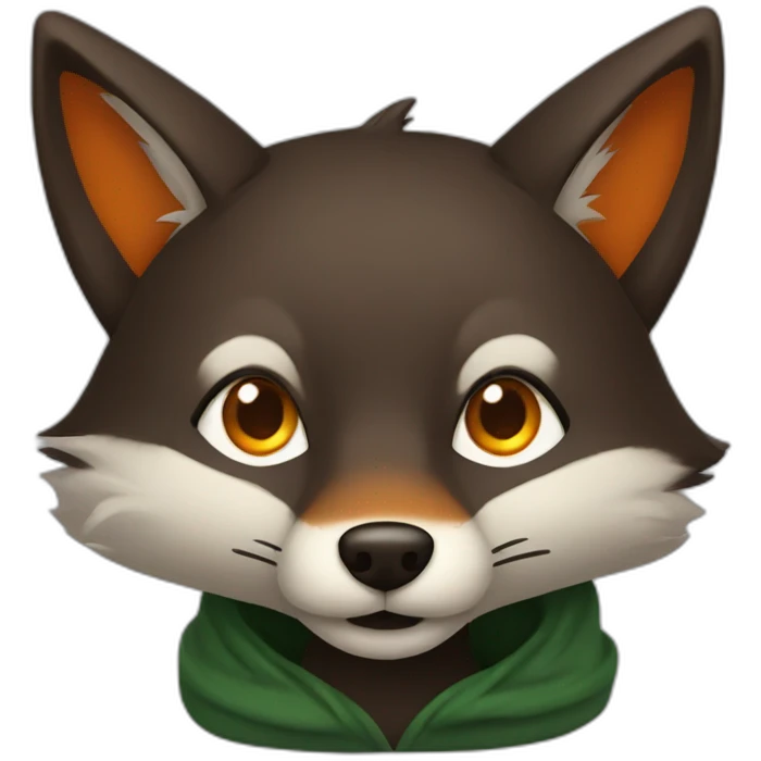 a small dark brown fox with orange eyes with a dark green hood that smile emoji