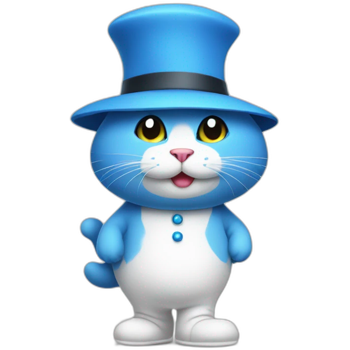Blue cat wearing a white mushroom hat walking on his feet wearing white trousers emoji