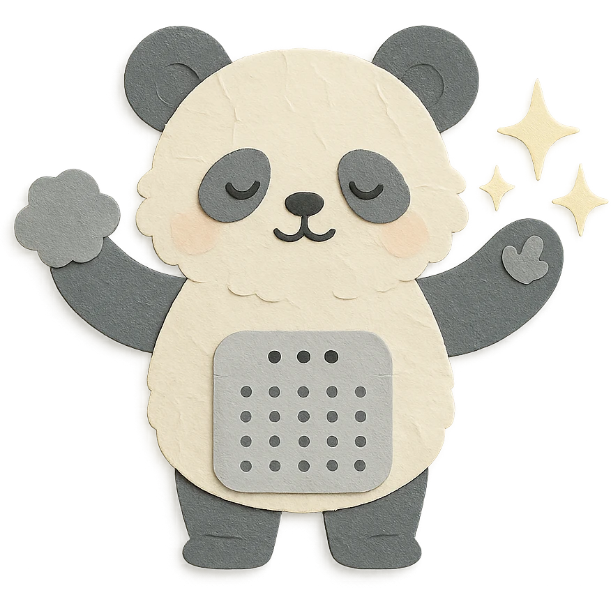 fluffy air purifier panda cleaning dust with sparkling paws, soft grey pastel, full-body emoji