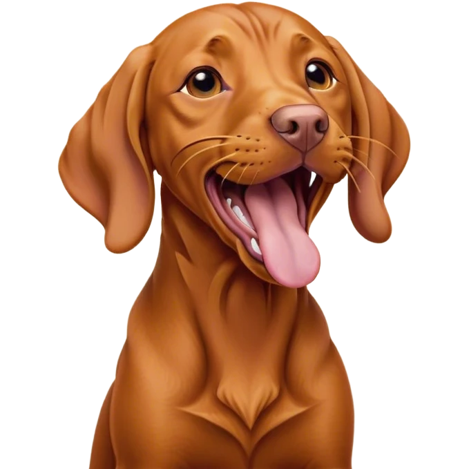 Cinematic Cute Yawning Vizsla Portrait Emoji, Head tilted slightly with a dramatic, wide-open yawn, showcasing a smooth rust and gold Fur with a subtle shimmer, floppy ears slightly drooping, round amber eyes barely open in drowsy contentment, Simplified yet irresistibly adorable features, highly detailed, glowing with a soft, cozy glow, high shine, relaxed yet expressive, stylized with a touch of whimsy, bright and endearing, soft glowing outline, capturing the essence of a sleepy yet affectionate companion, so drowsy it feels like it could stretch out of the screen and curl up for a nap! emoji